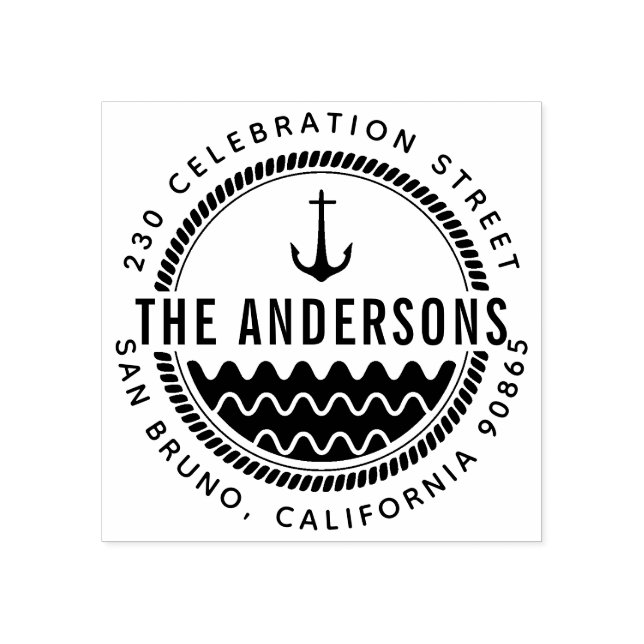Nautical Anchor Family Namn & Round Returadress Stämpel (Tryck)