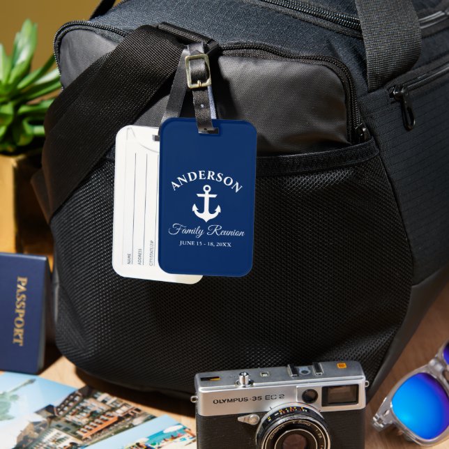Nautical Anchor Family Reunion Navy Blue Bagagebricka (Framsida & Baksida)
