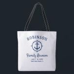 Nautical Anchor Family Reunion Navy Blue & White Tygkasse<br><div class="desc">En nautisk,  tematisk familj återförenas med väskan och visar stolt din familj namn,  återföreningsdatum och plats i elegantens kalligrafiskript med snyggt modern text. Den här designen har teckningar av ett ankare för en anpassningsbar med ett kompass stil-ankare i marint blått på vitt eller anpassar enkelt bakgrunden till valfri färg.</div>
