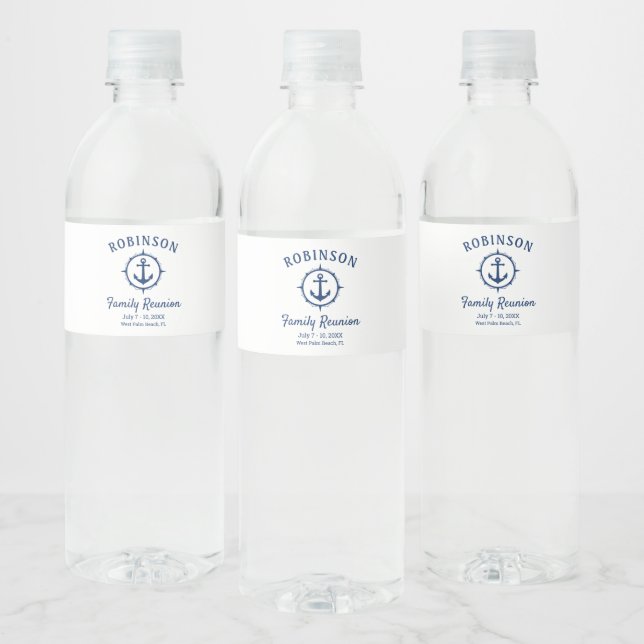 Nautical Anchor Family Reunion Navy Blue & White Vattenflaska Etikett (Flaskor)