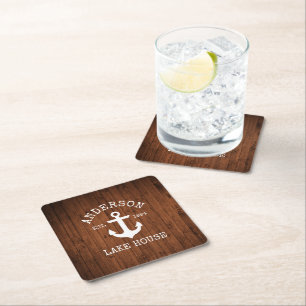 Nautical Anchor Faux Wood Family Sjö House Underlägg Papper Kvadrat