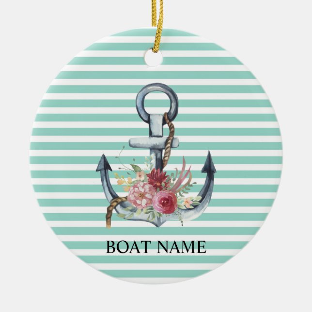 Nautical,Anchor Flowers Mint Grönt Rand Julgransprydnad Keramik (Framsidan)