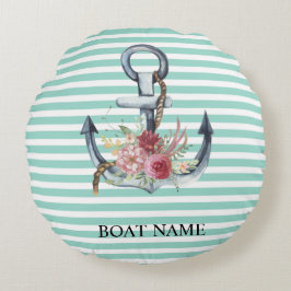 Nautical,Anchor Flowers Mint Grönt Rand Rund Kudde