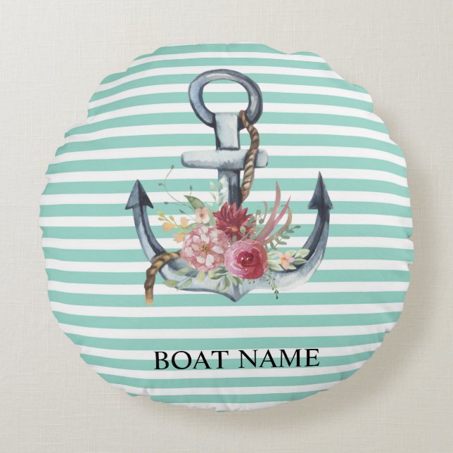 Nautical,Anchor Flowers Mint Grönt Rand Rund Kudde (Framsidan)