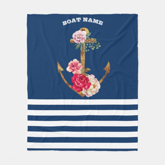 Nautical,Anchor Flowers Navy Blue Rand Fleecefilt (Framsidan)