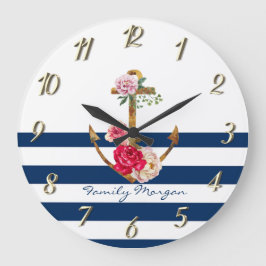 Nautical,Anchor Flowers Navy Blue Rand Stor Klocka