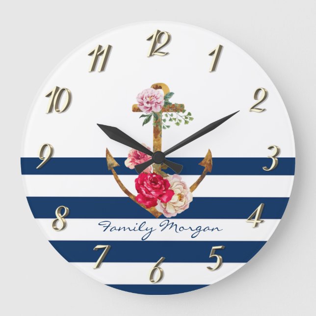 Nautical,Anchor Flowers Navy Blue Rand Stor Klocka (Framsida)
