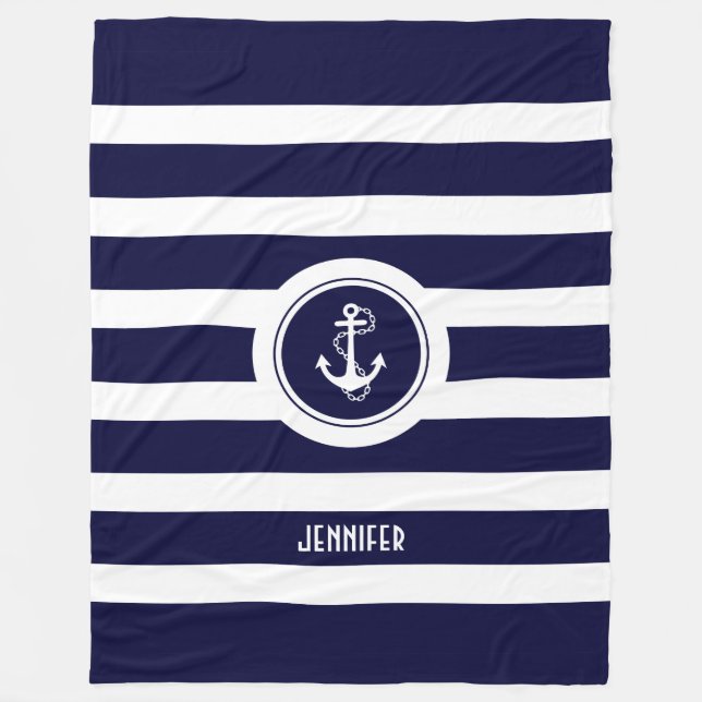 Nautical Anchor för marinblå och vit Rand Fleecefilt (Framsidan)