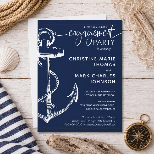 Nautical Anchor Förlovningsfest Bröllop Navy  Inbjudningar (Create your perfect invitation with this pre-designed nautical anchor engagement invitation.)