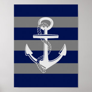 Nautical Anchor, Grått & Blue, Wall Art Print Poster