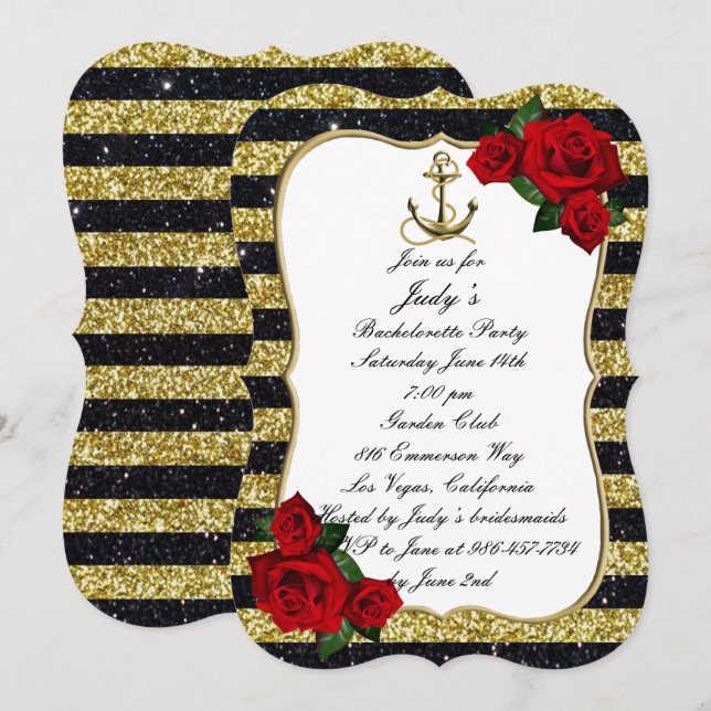 Nautical Anchor Guld Black Rand Bachelorette Inbjudningar (Fram/baksida)