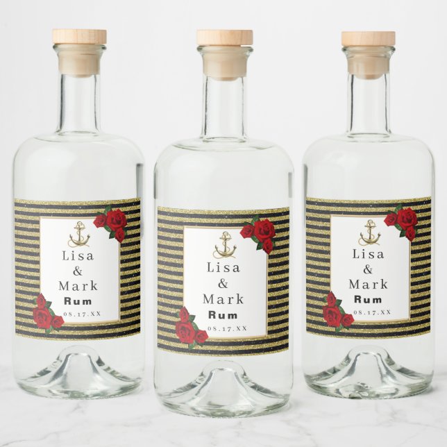 Nautical Anchor Guld Black Rand Spritflaskor Etikett (Flaskor)