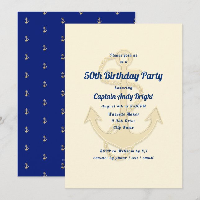 Nautical Anchor Hans Birthday-inbjudningar till An Inbjudningar (Fram/baksida)