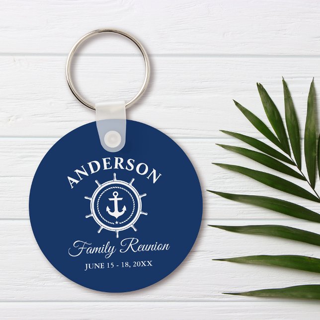 Nautical Anchor Helm Family Reunion Navy Blue Nyckelring (Customize to change text size, style or background color.)