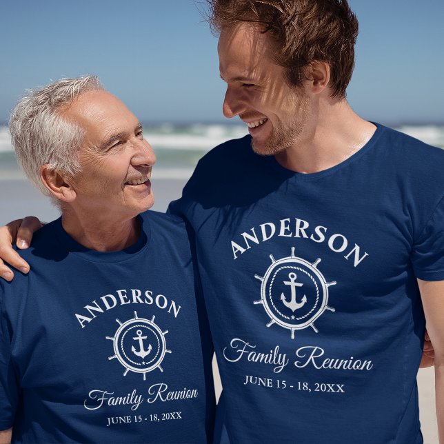 Nautical Anchor Helm Family Reunion Navy Blue T Shirt (Customize to change text size. Choose from a variety of shirt colors and styles.)