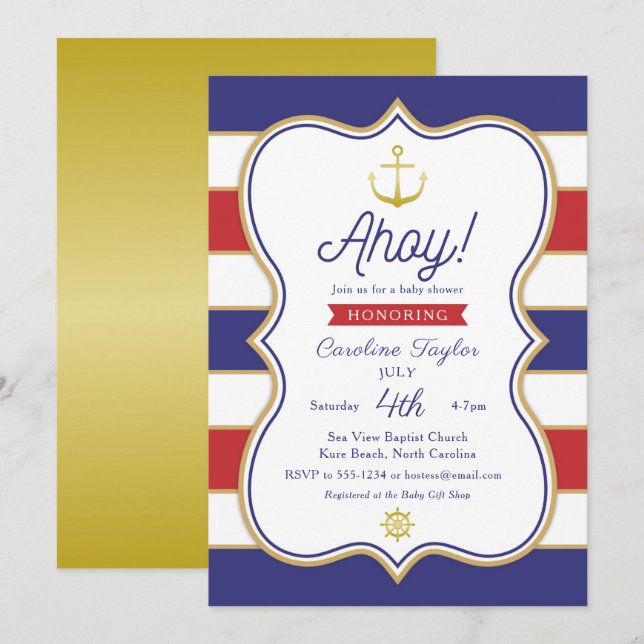 Nautical Anchor juli 4:e Red Blue Guld Baby Shower Inbjudningar (Fram/baksida)