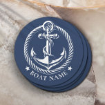 Nautical Anchor Logotyp Navy Blue Boat Namn Underlägg Papper Rund<br><div class="desc">Nautisk ankarLogotyp Papper Underlägg  för marinblått fartyg Namn.</div>