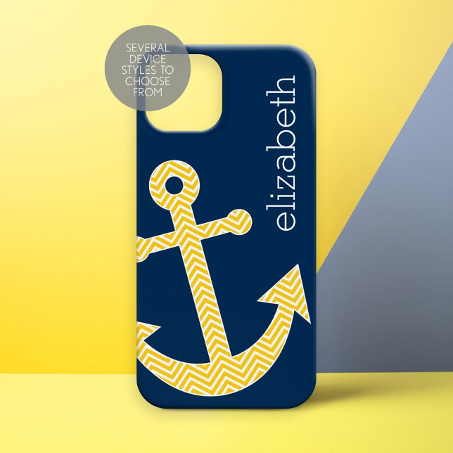 Nautical Anchor med Gulten Chevron Mönster (Personalized Phone Case - Nautical Anchor)