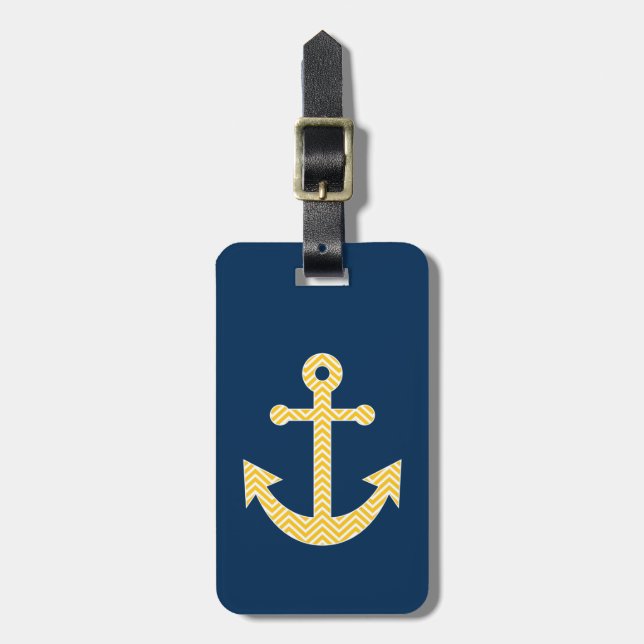 Nautical Anchor med Gulten Chevron Mönster Bagagebricka (Vertikal Framsida)