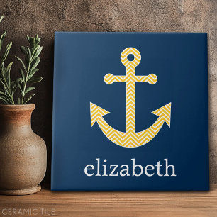 Nautical Anchor med Gulten Chevron Mönster Kakelplatta