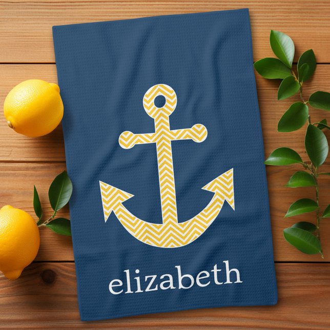 Nautical Anchor med Gulten Chevron Mönster Kökshandduk (Trendy anchor kitchen towel in nautical blue and yellow - add a  name)