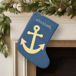 Nautical Anchor med Gulten Chevron Mönster Liten Julstrumpa
