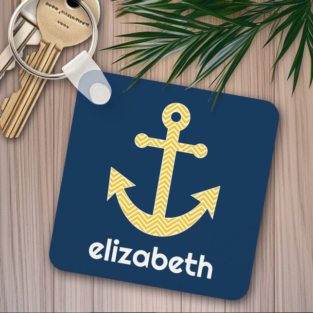 Nautical Anchor med Gulten Chevron Mönster Nyckelring (Personalized keychain - cute nautical anchor)