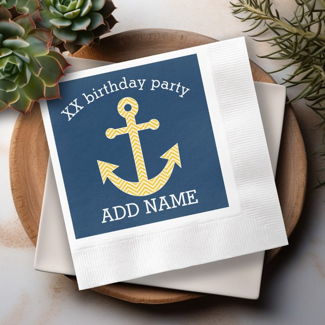 Nautical Anchor med Gulten Chevron Mönster Pappersservett (Personalized cocktail and dinner napkins)