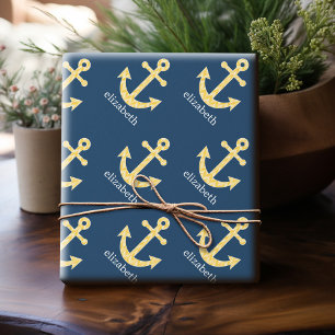 Nautical Anchor med Gulten Chevron Mönster Presentpapper