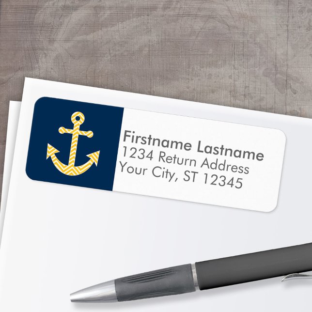 Nautical Anchor med Gulten Chevron Mönster Returadress Etikett (Custom Return Address Labels - Low Minimum)