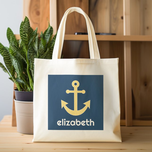 Nautical Anchor med Gulten Chevron Mönster Tygkasse (Personalized tote bag - cute anchor with name)