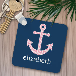 Nautical Anchor med Rosa Chevron Mönster Nyckelring