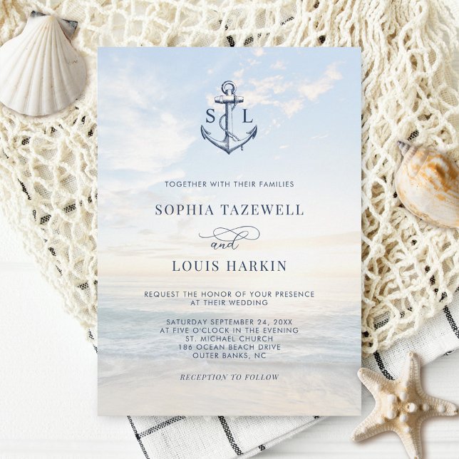 Nautical Anchor Monogram Beach Wedding Inbjudningar (Skapare uppladdad)