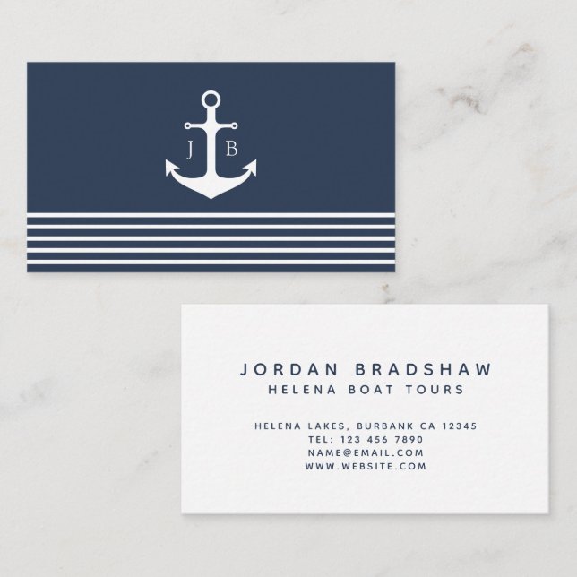 Nautical Anchor Monogram | Blå vita Rand Visitkort (Fram/baksida)