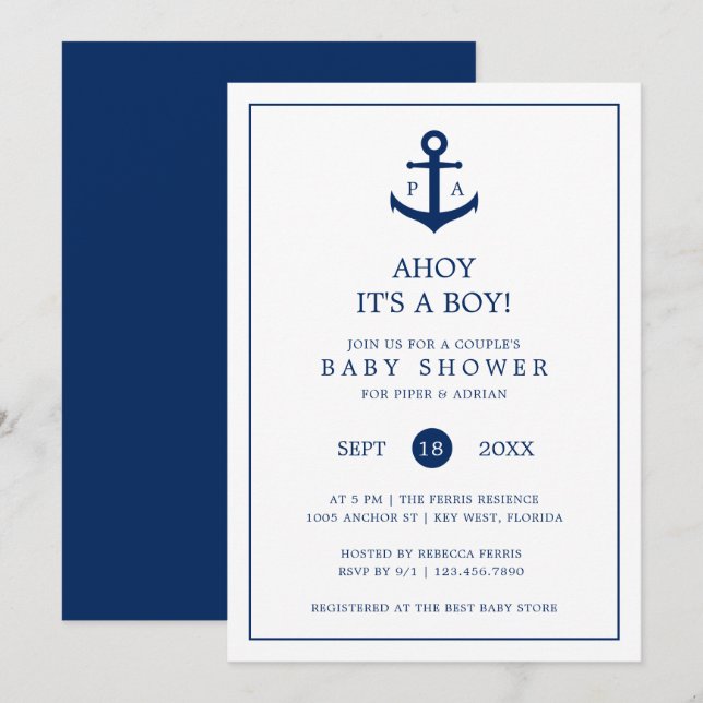 Nautical Anchor Monogram Boy Par Baby Shower Inbjudningar (Fram/baksida)