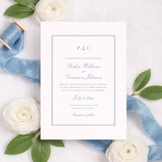 Nautical Anchor Monogram Dammblå Bröllop Inbjudningar (Nautical Anchor Monogram Wedding Invitation in Dusty Blue by Coastal Map Designs)