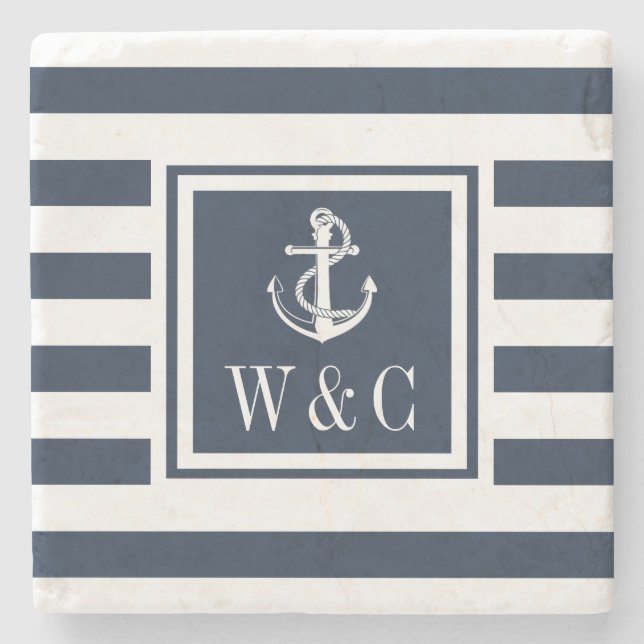 Nautical Anchor Monogram Navy Blue Rand Stenunderlägg (Framsidan)
