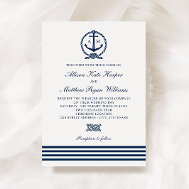 Nautical Anchor Monogram Navy Randig Bröllop Inbjudningar