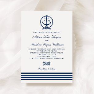 Nautical Anchor Monogram Navy Randig Bröllop Inbjudningar