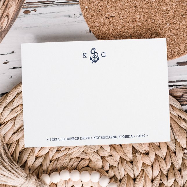 Nautical Anchor Monogram Stationery-plattkort Anteckningskort (Skapare uppladdad)
