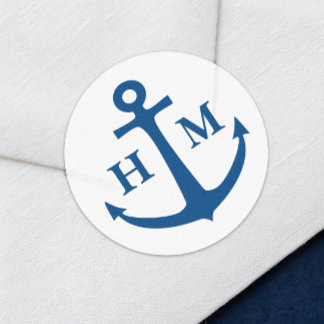 Nautical Anchor Monogram Strandbröllop Runt Klistermärke