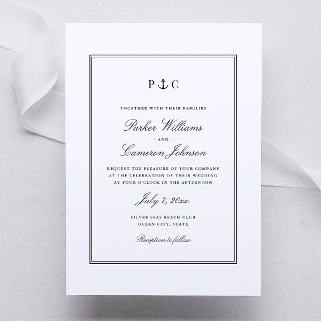 Nautical Anchor Monogram Svart och Vitt Bröllop Inbjudningar (Nautical Anchor Monogram Wedding Invitation in elegant Black and White by Coastal Map Designs)