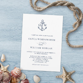 Nautical Anchor Monogram White Navy Simple Bröllop Inbjudningar