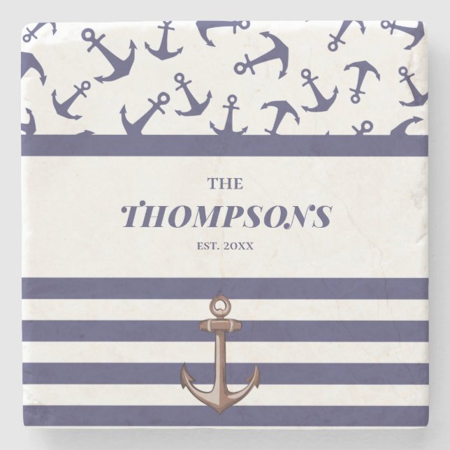 Nautical Anchor Mönster Navy Rand Namn Stenunderlägg (Framsidan)