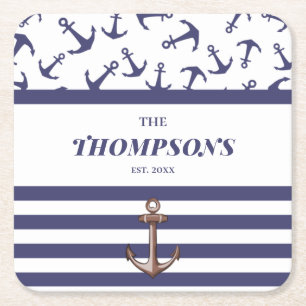 Nautical Anchor Mönster Navy Rand Namn Underlägg Papper Kvadrat