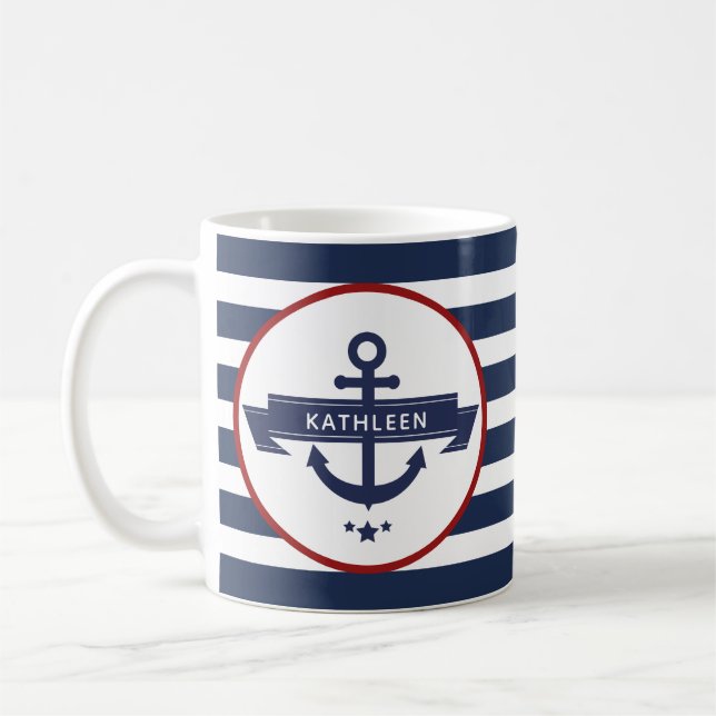 Nautical Anchor Namn Navy Blue Rand Kaffemugg (Vänster)