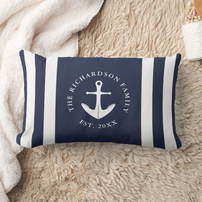 Nautical Anchor Navy Blue and White Family Lumbarkudde (Filt)