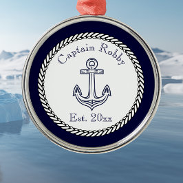 Nautical Anchor Navy Blue and White Julgransprydnad Metall