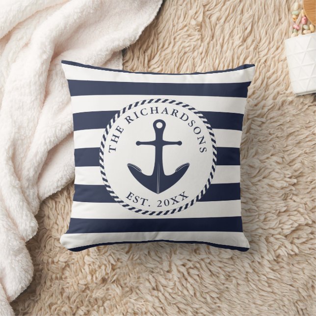 Nautical Anchor Navy Blue and White Rand Kudde (Filt)