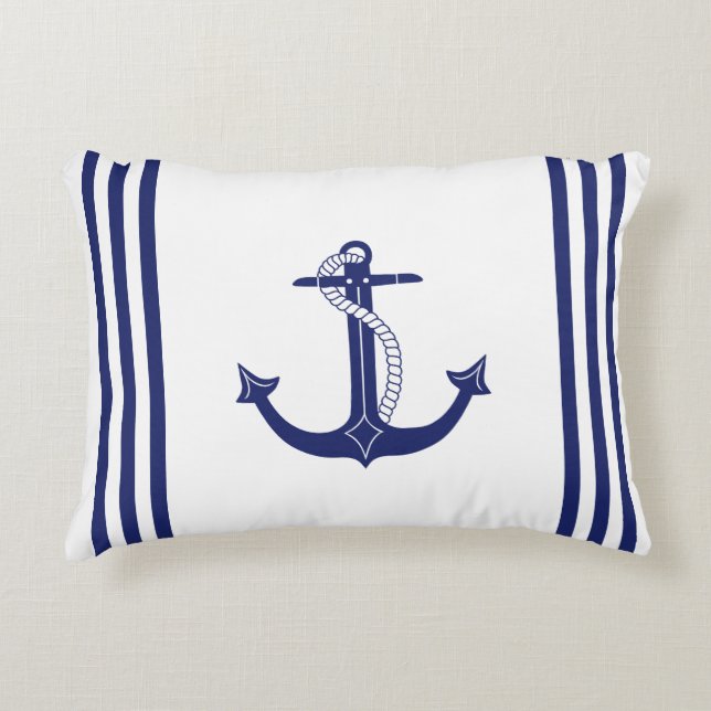Nautical Anchor Navy Blue and White Rand Prydnadskudde (Framsidan)